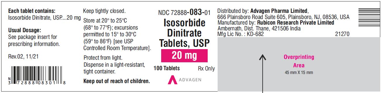 Isosorbide Dinitrate Tablets 20 mg - NDC: <a href=/NDC/72888-083-01>72888-083-01</a> - 100 Tablets Bottle
