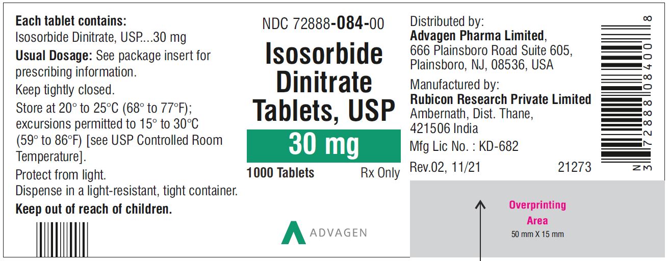Isosorbide Dinitrate Tablets 30 mg - NDC: <a href=/NDC/72888-084-00>72888-084-00</a>  - 1000 Tablets Bottle