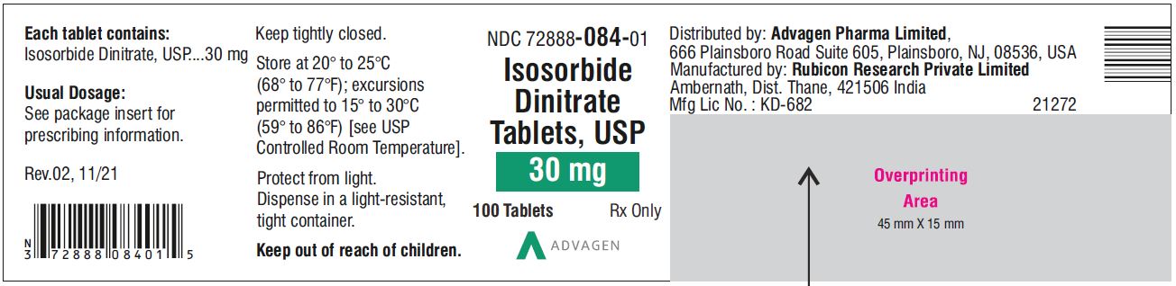 Isosorbide Dinitrate Tablets 30 mg - NDC: <a href=/NDC/72888-084-01>72888-084-01</a>  - 100 Tablets Bottle