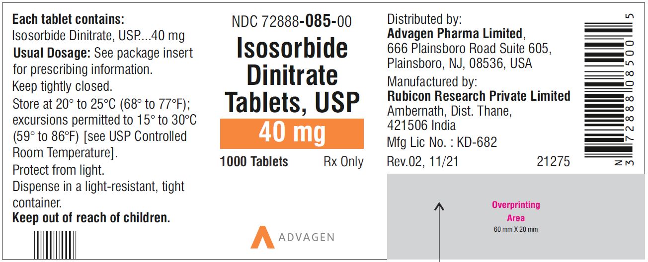 Isosorbide Dinitrate Tablets 40 mg - NDC: <a href=/NDC/72888-085-00>72888-085-00</a>  - 1000 Tablets Bottle
