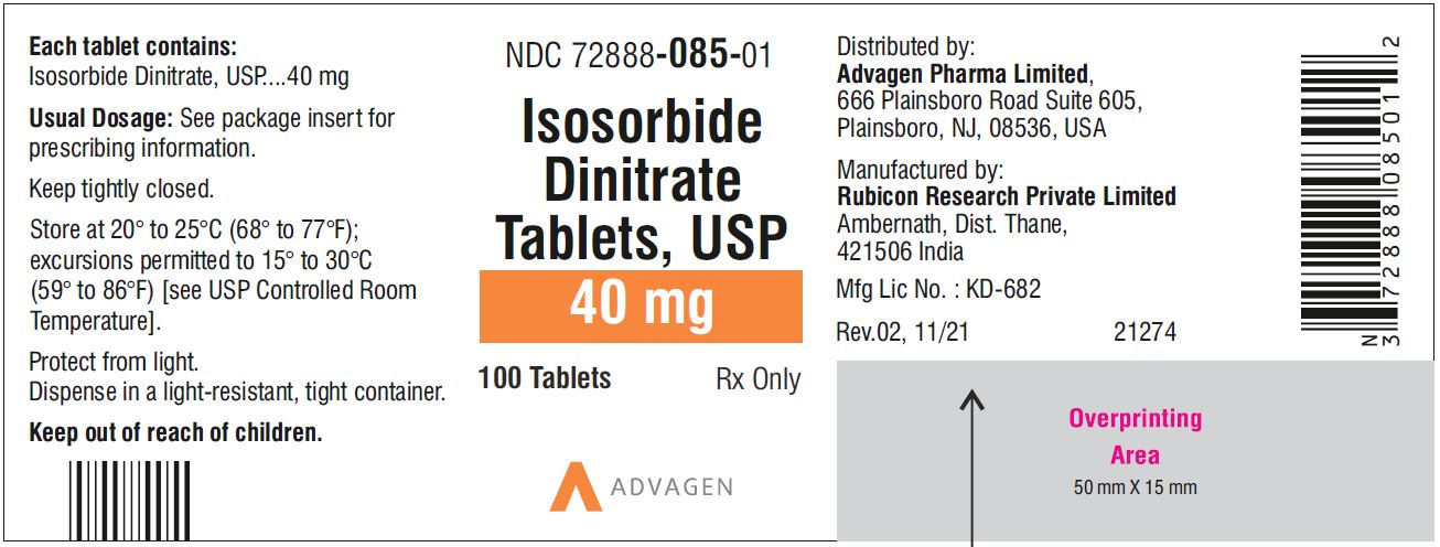 Isosorbide Dinitrate Tablets 40 mg - NDC: <a href=/NDC/72888-085-01>72888-085-01</a>  - 100 Tablets Bottle