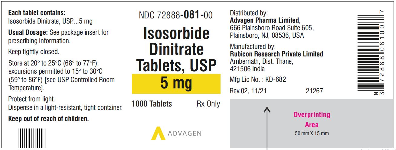 Isosorbide Dinitrate Tablets 5 mg - NDC: <a href=/NDC/72888-081-00>72888-081-00</a>  - 1000 Tablets Bottle