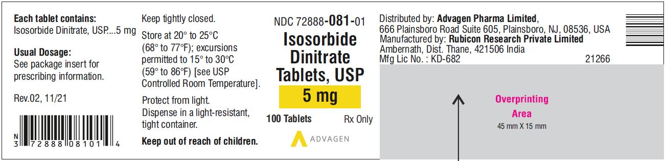Isosorbide Dinitrate Tablets 5 mg - NDC: <a href=/NDC/72888-081-01>72888-081-01</a>  - 100 Tablets Bottle