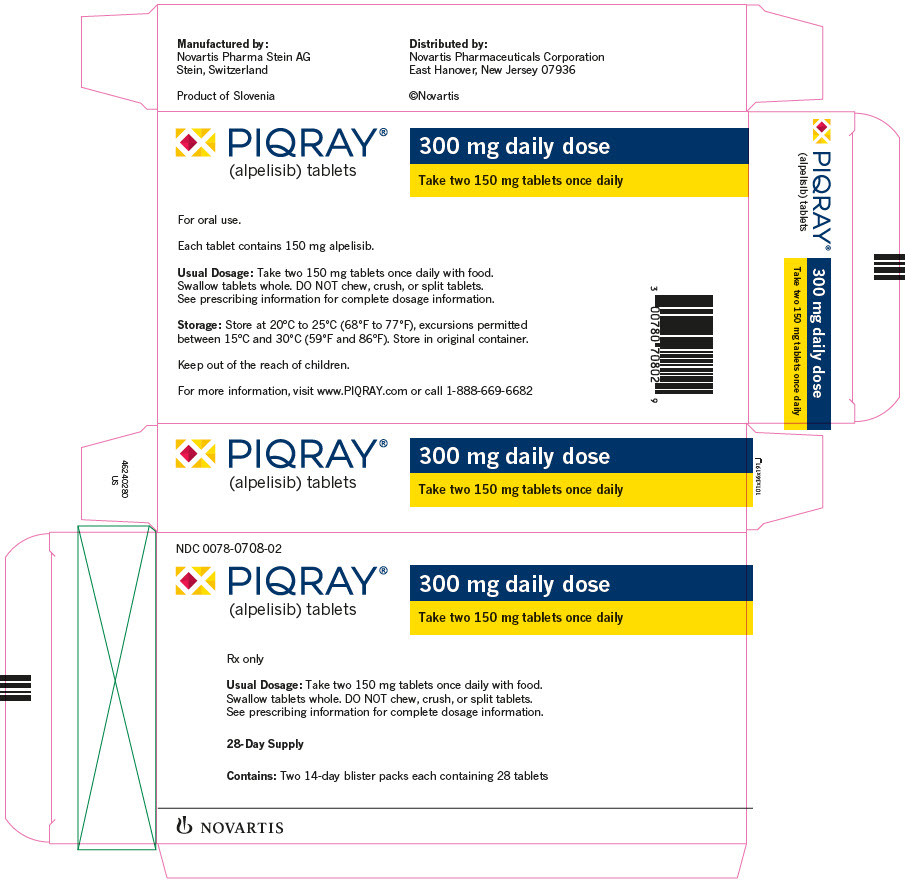 
								PRINCIPAL DISPLAY PANEL
								NDC: <a href=/NDC/0078-0708-02>0078-0708-02</a>
								PIQRAY®
								(alpelisib) tablets
								300 mg daily dose
								Take two 150 mg tablets once daily
								Rx only
								Usual Dosage: Take two 150 mg tablets once daily with food.
								Swallow tablets whole. DO NOT chew,crush, or split tablets.
								See prescribing information for complete dosage information.
								28-Day Supply
								Contains: Two 14-day blister packs each containing 28 tablets
								NOVARTIS
							