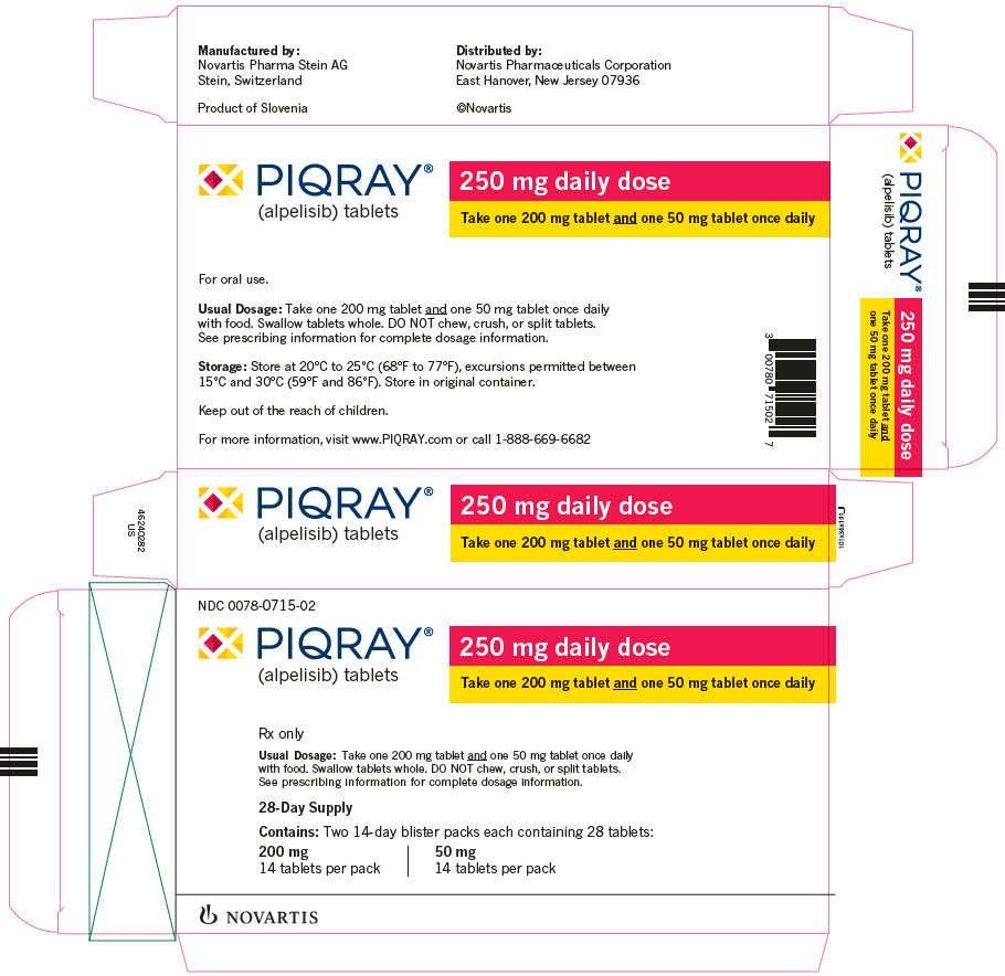 
								PRINCIPAL DISPLAY PANEL
								NDC: <a href=/NDC/0078-0715-02>0078-0715-02</a>
								PIQRAY®
								(alpelisib) tablets
								250 mg daily dose
								Take one 200 mg tablet and one 50 mg tablet once daily
								Rx only
								Usual Dosage: Take one 200 mg tablet and one 50 mg tablet once daily with food.
								Swallow tablets whole. DO NOT chew, crush, or split tablets.
								See prescribing information for complete dosage information.
								28-Day Supply
								Contains: Two 14-day blister packs each containing 28 tablets:
								200 mg 14 tablets per pack
								50 mg 14 tablets per pack
								NOVARTIS
							