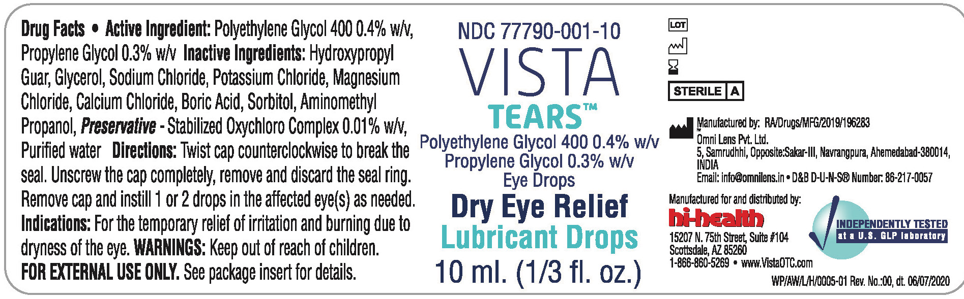 Bottle Label for Vista Tears 77790-001