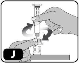 Insert the plunger rod into the syringe, then screw a few turns (turn to the right) so that the plunger rod is attached to the gray rubber stopper in the syringe (Figure K).