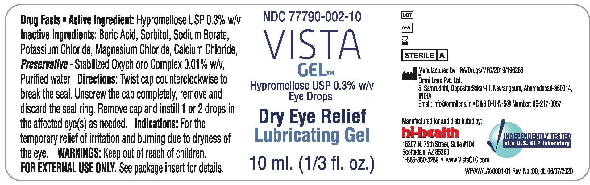 Label for Bottle for Vista Gel 77790-002-10