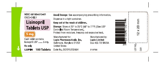 LISINOPRIL TABLETS USP
Rx Only
5 mg
NDC: <a href=/NDC/68180-513-01>68180-513-01</a>
       100 Tablets