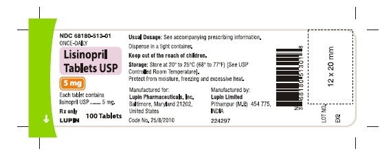 LISINOPRIL TABLETS USP
Rx Only
5 mg
NDC: <a href=/NDC/68180-513-01>68180-513-01</a>
       100 Tablets