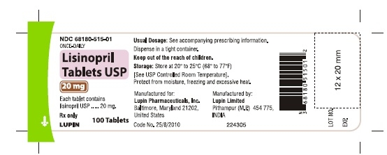 LISINOPRIL TABLETS USP
Rx Only
20 mg
NDC: <a href=/NDC/68180-515-01>68180-515-01</a>
       100 Tablets