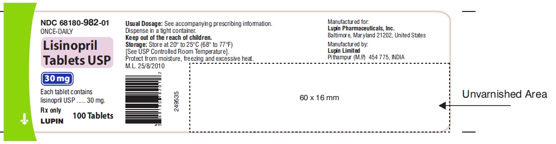 LISINOPRIL TABLETS USP
Lisinopril Tablets USP Page 20 of 29
file://mumfilesrv001/SPL_V7$/Final/SPL-Submission/2255/b1888bc5-5e29-4d4d-9ac2-682... 23/09/14
Rx Only
30 mg
NDC: <a href=/NDC/68180-516-01>68180-516-01</a>
       100 Tabl