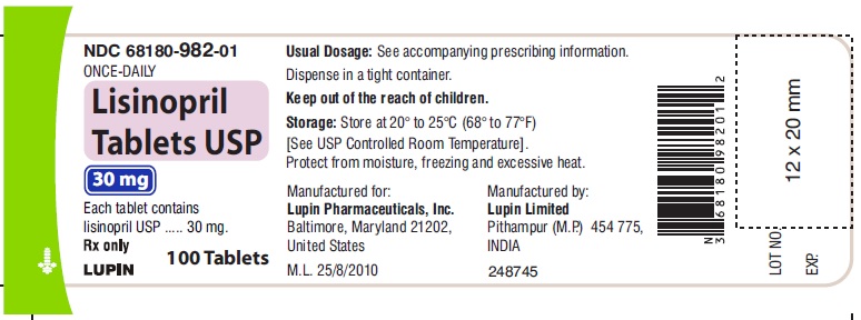 LISINOPRIL TABLETS USP
Lisinopril Tablets USP Page 20 of 29
file://mumfilesrv001/SPL_V7$/Final/SPL-Submission/2255/b1888bc5-5e29-4d4d-9ac2-682... 23/09/14
Rx Only
30 mg
NDC: <a href=/NDC/68180-516-01>68180-516-01</a>
       100 Tabl