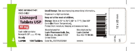 LISINOPRIL TABLETS USP
Rx Only
40 mg
NDC: <a href=/NDC/68180-517-01>68180-517-01</a>
       100 Tablets