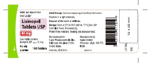 LISINOPRIL TABLETS USP
Rx Only
40 mg
NDC: <a href=/NDC/68180-517-01>68180-517-01</a>
       100 Tablets