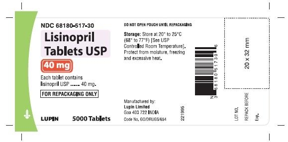 LISINOPRIL TABLETS USP
40 mg
NDC: <a href=/NDC/68180-517-30>68180-517-30</a>
       5000 Tablets Bulk Pouch for Repackaging