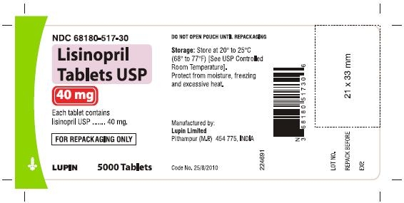 LISINOPRIL TABLETS USP
40 mg
NDC: <a href=/NDC/68180-517-30>68180-517-30</a>
       5000 Tablets Bulk Pouch for Repackaging