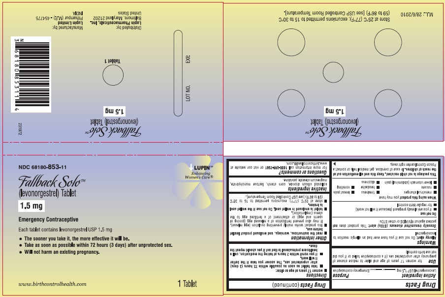 Fallback Solo (levonorgestrel) Tablet, 1.5 mg
NDC: <a href=/NDC/68180-853-11>68180-853-11</a>
							Wallet Label: 1 Tablet