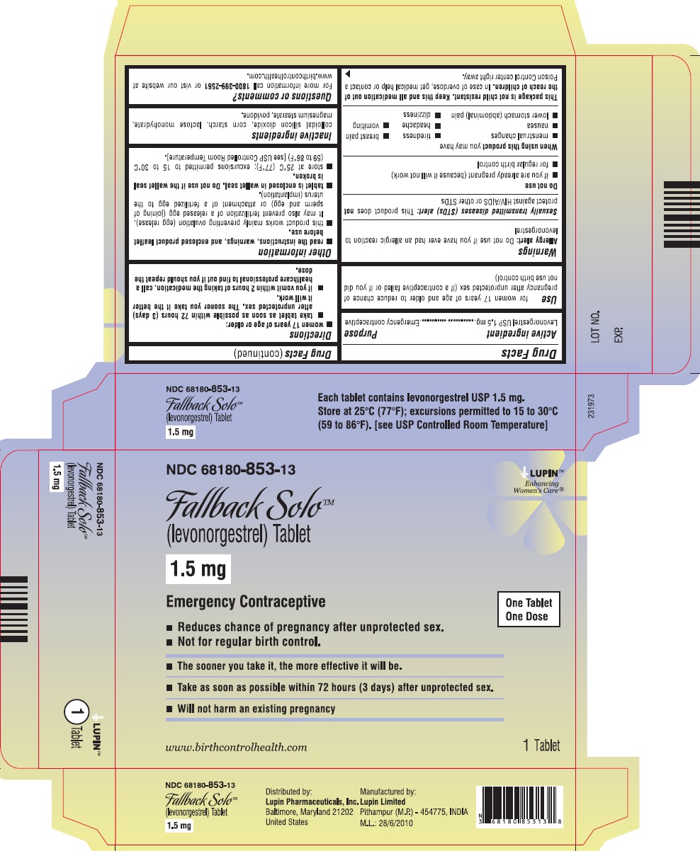 Fallback Solo (levonorgestrel) Tablet, 1.5 mg
NDC: <a href=/NDC/68180-853-13>68180-853-13</a>
							Carton Label: 1 Tablet