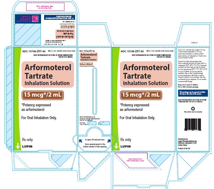 Arformoterol Tartrate Inhalation Solution, 15 mcg/2 mL
Rx only
NDC: <a href=/NDC/70748-257-60>70748-257-60</a>: Carton of 60 unit-dose vials (15 x 4 unit-dose vial pouches)