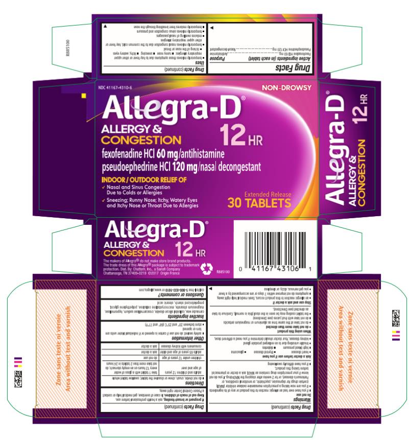 NDC: <a href=/NDC/41167-4310-6>41167-4310-6</a>
Allegra-D®
Allergy &
Congestion 12HR
fexofenadine HCI 60 mg/antihistamine
pseudoephedrine HCI 120 mg/nasal decongestant
Extended Release Tablets
30 Tablets
