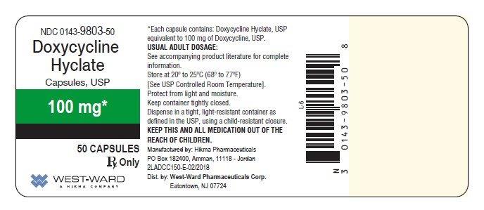 Doxycycline Hyclate Cpsules,100mg-NDC-0143-9803-50