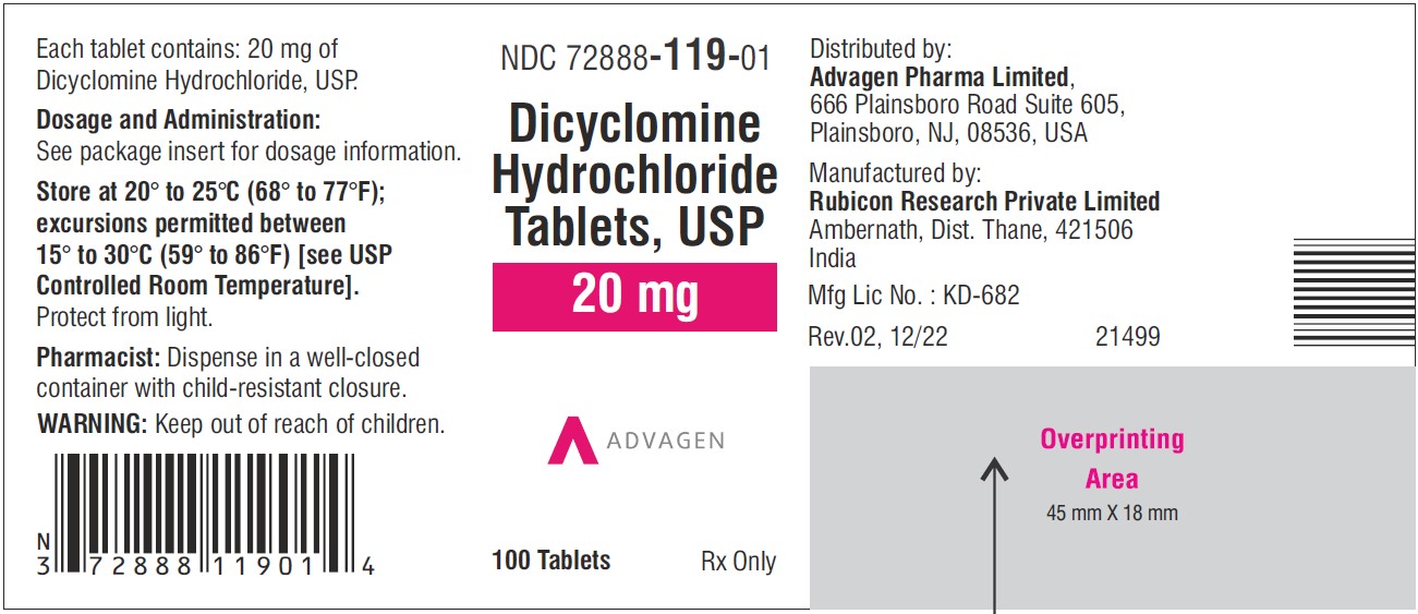Dicyclomine Hydrochloride Tablets ,USP 20 mg - NDC: <a href=/NDC/72888-119-01>72888-119-01</a> - 100 Tablets Label