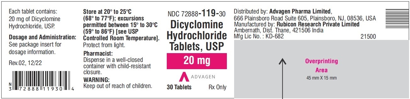Dicyclomine Hydrochloride Tablets ,USP 20 mg - NDC: <a href=/NDC/72888-119-30>72888-119-30</a>  - 30 Tablets Label