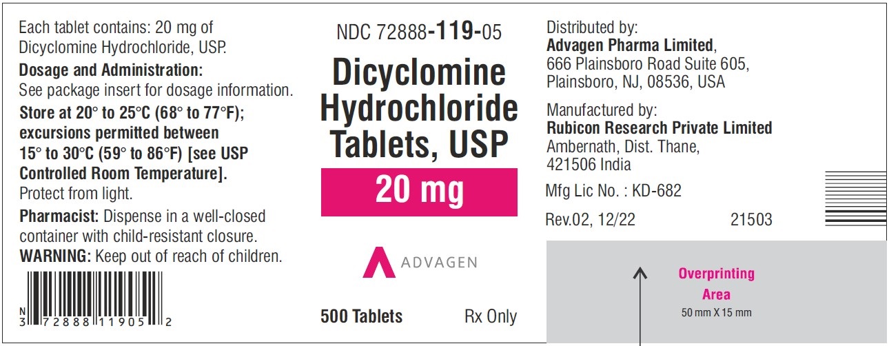 Dicyclomine Hydrochloride Tablets ,USP 20 mg - NDC: <a href=/NDC/72888-119-05>72888-119-05</a> - 500 Tablets Label
