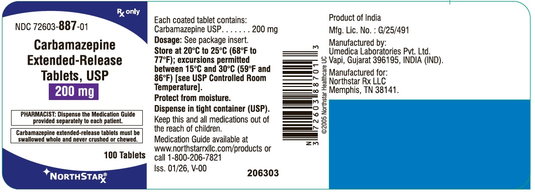 Carbamazepine Extended-Release Tablets USP, 200 mg - NDC: <a href=/NDC/72603-887-01>72603-887-01</a> - 100's Bottle Label