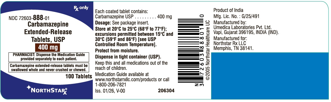 Carbamazepine Extended-Release Tablets USP, 400 mg- NDC: <a href=/NDC/72603-888-01>72603-888-01</a> - 100's Bottle Label