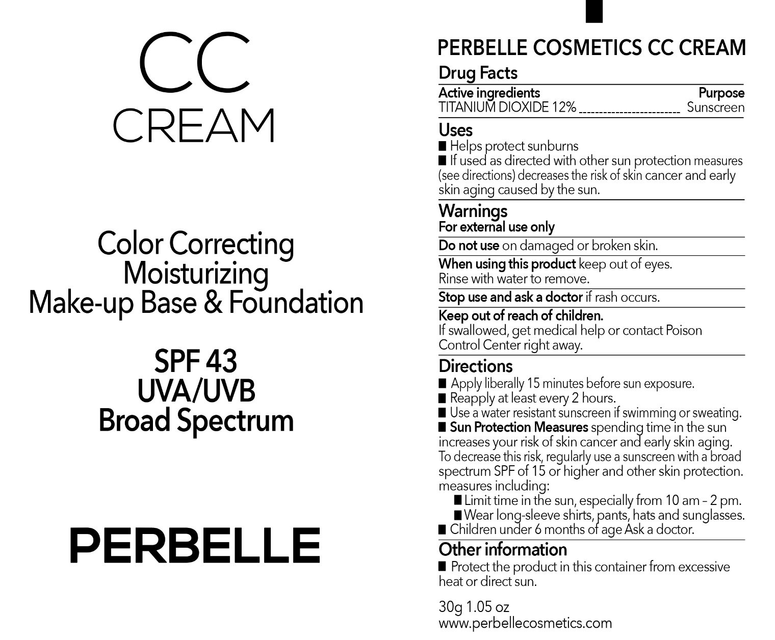 PERBELLE CC SPF43 UVA UVB BROAD SPECTRUM titanium dioxide cream