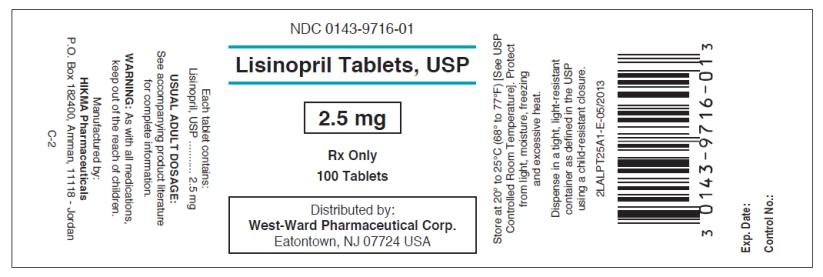 NDC: <a href=/NDC/0143-9716-01>0143-9716-01</a> Lisinopril Tablets, USP 2.5 mg Rx Only 100 Tablets West-Ward Pharmaceutical Corp.