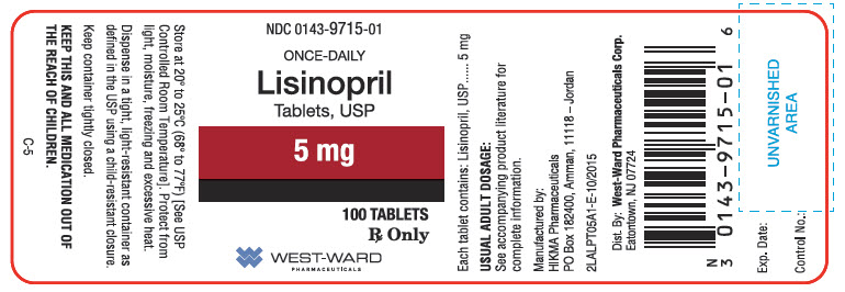 NDC: <a href=/NDC/0143-9715-01>0143-9715-01</a> Lisinopril Tablets, USP 5 mg Rx Only 100 Tablets West-Ward Pharmaceuticals Corp.