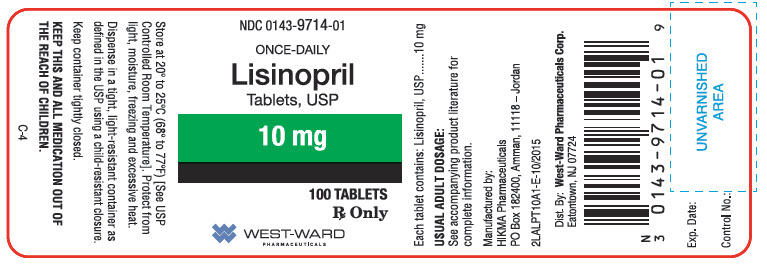 NDC: <a href=/NDC/0143-9714-01>0143-9714-01</a> Lisinopril Tablets, USP 10 mg Rx Only 100 Tablets West-Ward Pharmaceuticals Corp.