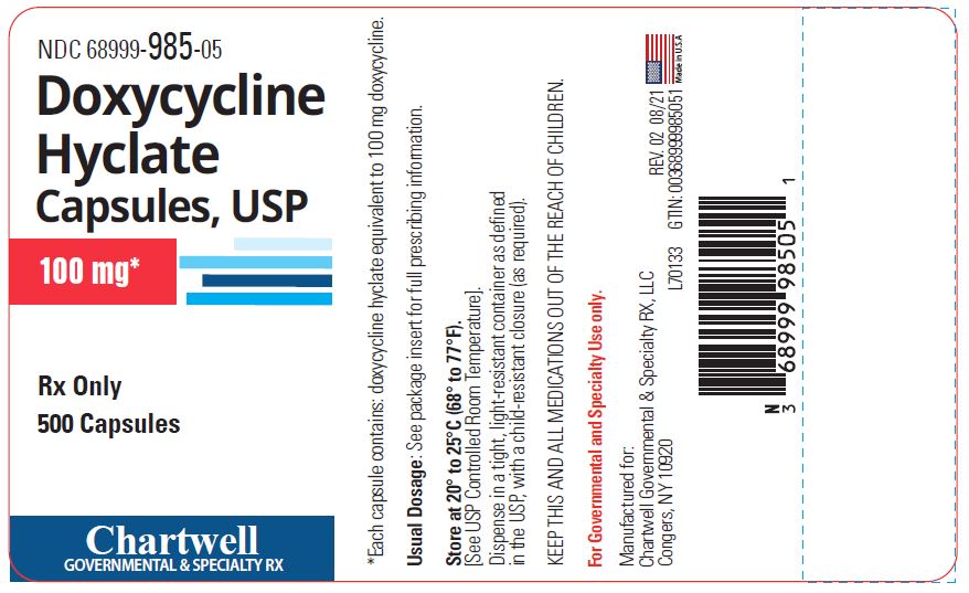 Doxycycline Hyclate Capsules 100 mg - NDC: <a href=/NDC/68999-985-05>68999-985-05</a> - 500 Capsules Label