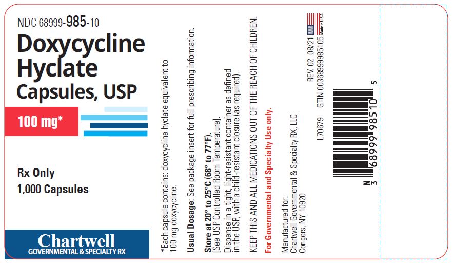 Doxycycline Hyclate Capsules 100 mg - NDC: <a href=/NDC/68999-985-10>68999-985-10</a> - 1000 Capsules Label