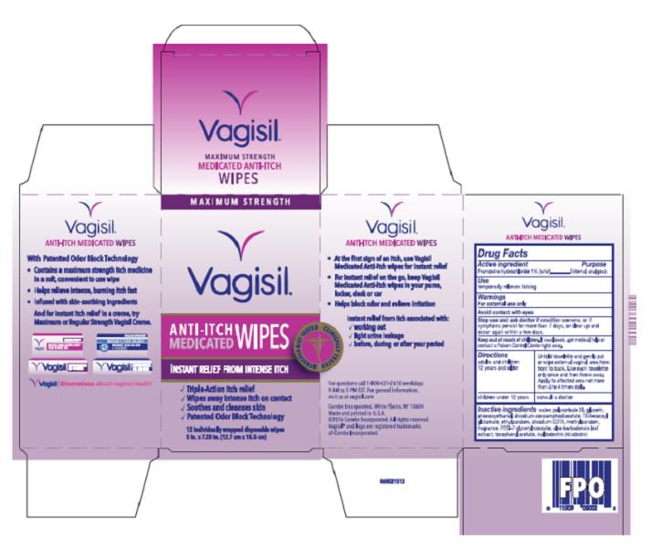 Maximum Strength
Vagisil®
Medicated Anti-Itch Wipes
Instant Relief From Intense Itch
Gynecologist Tested
Clinically Tested
	On-the-go relief
	With Aloe & Vitamin E
	Patented Odor Block Technology
12 individually wrapped disposable wipes
5 in. x 7.28 in. (12.7 cm x 18.5 cm)
