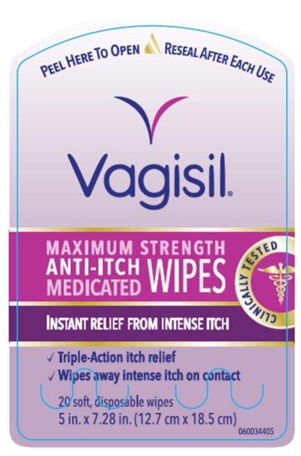 Principal Display Panel
Vagisil®
Maximum Strength
Medicated Anti-Itch Wipes
Gynecologist Tested
Instant Relief From Intense Itch
	With Aloe & Vitamin E
	Patented Odor Block Technology 
20 soft, disposable wipes
5 in. x 7.28 in. (12.7 cm x 18.5 cm)
