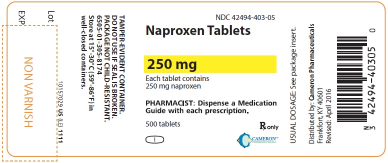 PRINCIPAL DISPLAY PANEL
NDC: <a href=/NDC/42494-403-05>42494-403-05</a>
Naproxen Tablets
250 mg
500 Tablets
Rx Only
