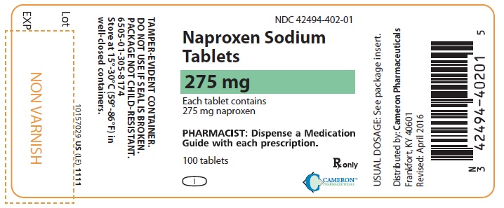 PRINCIPAL DISPLAY PANEL
NDC: <a href=/NDC/42494-402-01>42494-402-01</a>
Naproxen Sodium Tablets
275 mg
100 Tablets
Rx Only
