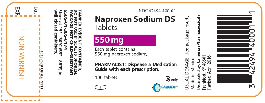 PRINCIPAL DISPLAY PANEL
NDC: <a href=/NDC/42494-400-01>42494-400-01</a>
Naproxen Sodium DS Tablets
550 mg
100 Tablets
Rx Only
