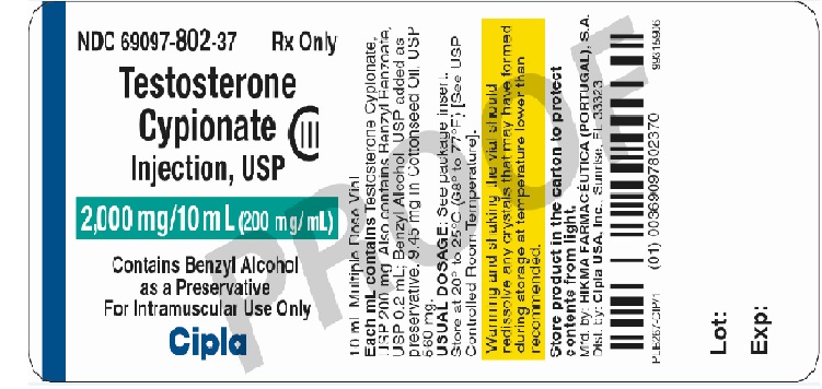 Testosterone Cypionate Injection USP 2000mg - label