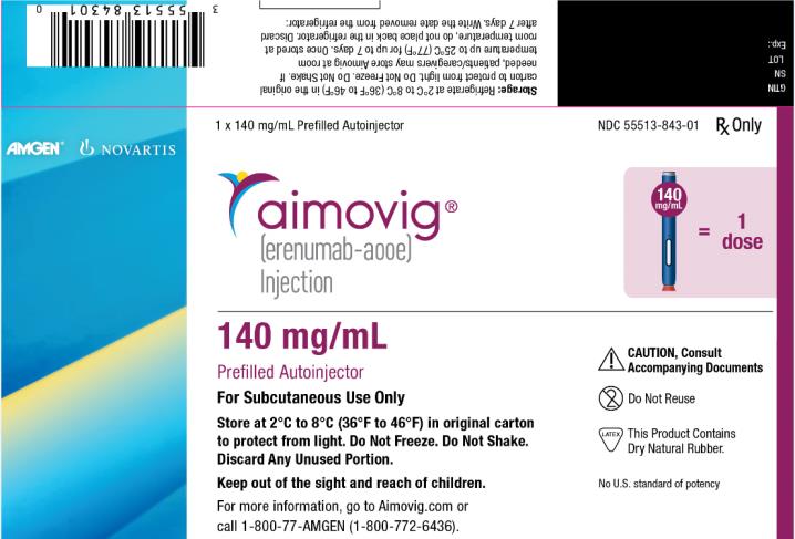 1 x 140 mg/mL Prefilled Autoinjector
NDC: <a href=/NDC/55513-843-01>55513-843-01</a>
Rx Only
AMGEN®
NOVARTIS
aimovig®
(erenumab-aooe) 
Injection
140 mg/mL = 1 dose
140 mg/mL
Prefilled Autoinjector 
For Subcutaneous Use Only 
Store at 2°C to 8°C (36°F to 46°F) in original carton 
to protect from light. Do Not Freeze. Do Not Shake. 
Discard Any Unused Portion. 
Keep out of the sight and reach of children. 
For more information, go to Aimovig.com or
call 1-800-77-AMGEN (1-800-772-6436). 
CAUTION, Consult
Accompanying Documents 
Do Not Reuse 
This Product Contains
Dry Natural Rubber.
No U.S. standard of potency 
