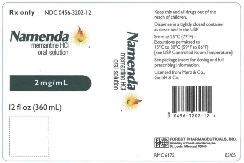PRINCIPAL DISPLAY PANEL
Rx Only NDC: <a href=/NDC/0456-3202-12>0456-3202-12</a>
Namenda
memantine HCl
oral solution
2 mg/ mL
12 fl oz (360 mL)
