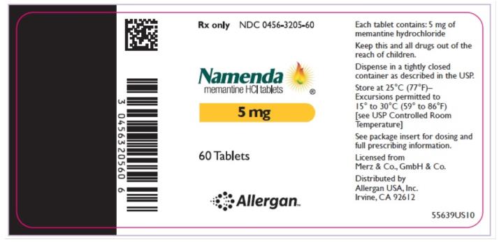 PRINCIPAL DISPLAY PANEL
Rx Only NDC: <a href=/NDC/0456-3205-60>0456-3205-60</a>
Namenda
memantine HCl tablets
5 mg
60 Tablets 