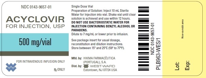 NDC: <a href=/NDC/0143-9657-01>0143-9657-01</a> ACYCLOVIR FOR INJECTION, USP 500 mg/vial FOR INTRAVENOUS INFUSION ONLY Rx ONLY Single Dose Vial Preparation of Solution: Inject 10 mL Sterile Water for Injection into vial. Shake vial until clear solution is achieved and use within 12 hours. DO NOT USE BACTERIOSTATIC WATER FOR INJECTION CONTAINING BENZYL ALCOHOL OR PARABENS. Dilute to 7 mg/mL or lower prior to infusion. See package insert for usual dosage, reconstitution and dilution instructions. Store between 15º and 25ºC (59º to 77ºF).