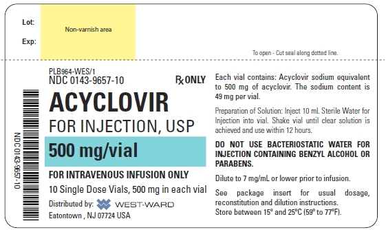 NDC: <a href=/NDC/0143-9657-10>0143-9657-10</a> Rx ONLY ACYCLOVIR FOR INJECTION, USP 500 mg/vial FOR INTRAVENOUS INFUSION ONLY 10 Single Dose Vials, 500 mg in each vial Each vial contains: Acyclovir sodium equivalent to 500 mg of acyclovir. The sodium content is 49 mg per vial. Preparation of Solution: Inject 10 mL Sterile Water for Injection into vial. Shake vial until clear solution is achieved and use within 12 hours. DO NOT USE BACTERIOSTATIC WATER FOR INJECTION CONTAINING BENZYL ALCOHOL OR PARABENS. Dilute to 7 mg/mL or lower prior to infusion. See package insert for usual dosage, reconstitution and dilution instructions. Store between 15º and 25ºC (59º to 77ºF).