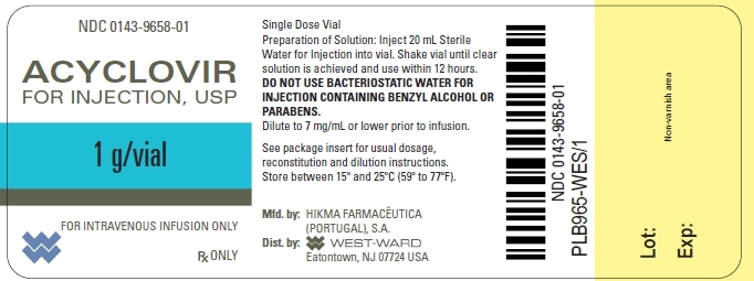 NDC: <a href=/NDC/0143-9658-01>0143-9658-01</a> ACYCLOVIR FOR INJECTION, USP 1 g/vial FOR INTRAVENOUS INFUSION ONLY Rx ONLY Single Dose Vial Preparation of Solution: Inject 20 mL Sterile Water for Injection into vial. Shake vial until clear solution is achieved and use within 12 hours. DO NOT USE BACTERIOSTATIC WATER FOR INJECTION CONTAINING BENZYL ALCOHOL OR PARABENS. Dilute to 7 mg/mL or lower prior to infusion. See package insert for usual dosage, reconstitution and dilution instructions. Store between 15º and 25ºC (59º to 77ºF).