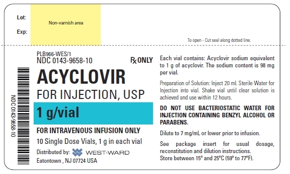 NDC: <a href=/NDC/0143-9658-10>0143-9658-10</a> Rx ONLY ACYCLOVIR FOR INJECTION, USP 1 g/vial FOR INTRAVENOUS INFUSION ONLY 10 Single Dose Vials, 1 g in each vial Each vial contains: Acyclovir sodium equivalent to 1 g of acyclovir. The sodium content is 98 mg per vial. Preparation of Solution: Inject 20 mL Sterile Water for Injection into vial. Shake vial until clear solution is achieved and use within 12 hours. DO NOT USE BACTERIOSTATIC WATER FOR INJECTION CONTAINING BENZYL ALCOHOL OR PARABENS. Dilute to 7 mg/mL or lower prior to infusion. See package insert for usual dosage, reconstitution and dilution instructions. Store between 15º and 25ºC (59º to 77ºF).